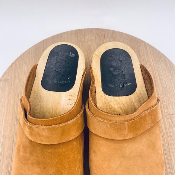 Swedish Wood Clogs Womens 8.5 39 Tan Brown Leather Slides Studded - Picture 4 of 12